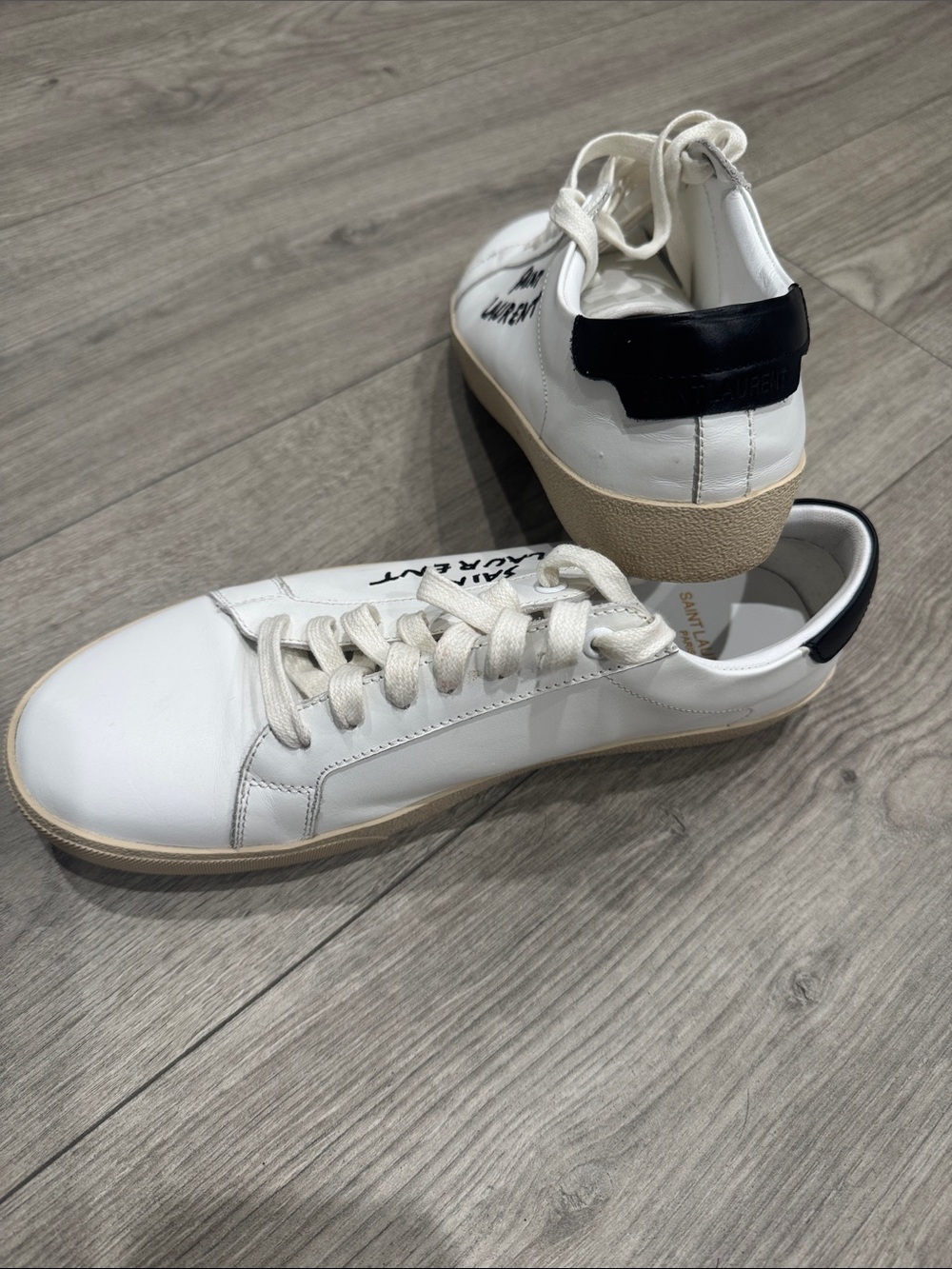 Saint Laurent White Leather Sneakers with Black Heel Tab and Cream Sole